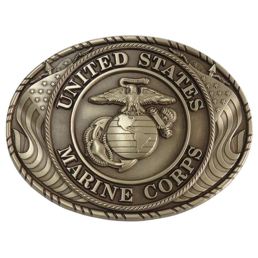 6272 USMC Crest Double USA Flag Solid Brass Buckle Made In USA